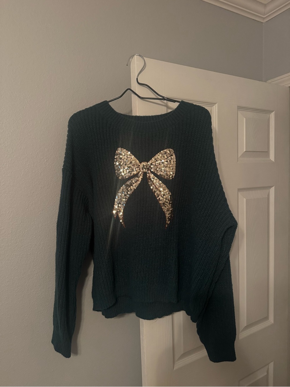 So Me Deep Green Crewneck Sweater with Gold Sequin Bow